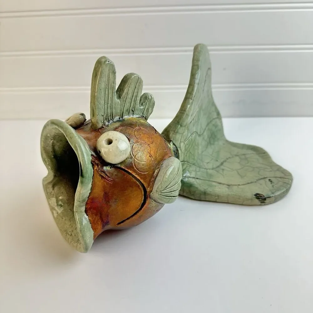 Artisan Raku Pottery Happy Surprised Fish Whimsical Coastal Beach Signed Ceramic